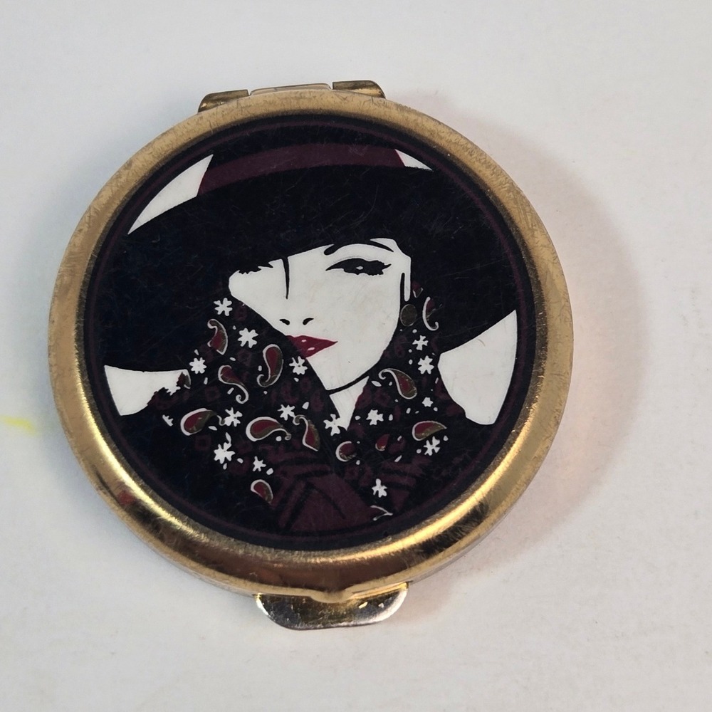 Vintage Stratton England Pill Box Art Deco Woman Gold Tone Compact Case Tweezer